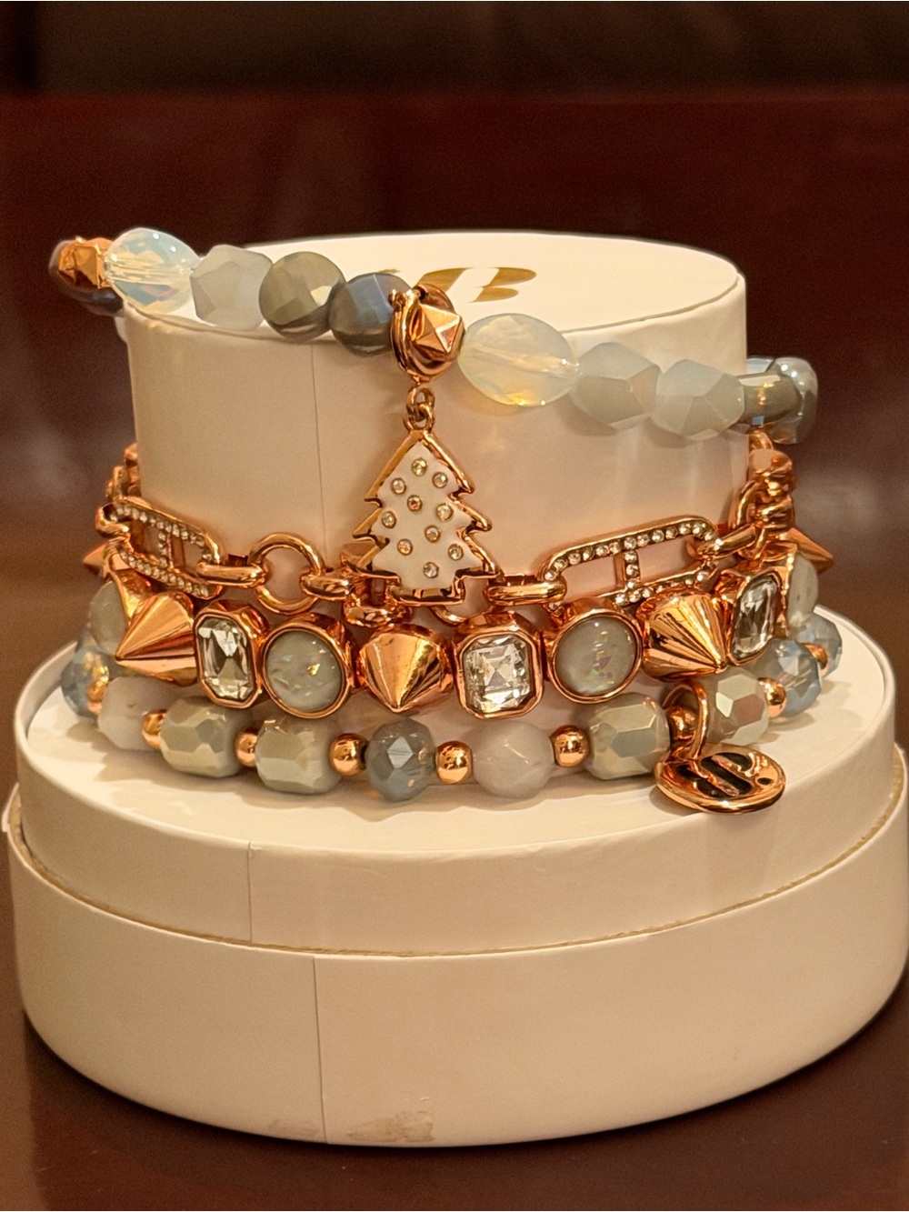 Bomb Party NWT ChristmasTree Gold and Gray Beaded Bracelet Stack! - Picture 2 of 9